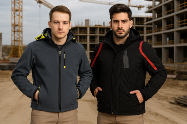 Pilka softshell darbo striukė ir juoda žieminė darbo striukė su raudonais akcentais