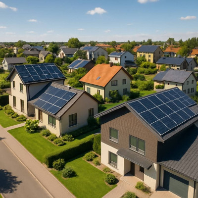 Gyvenamųjų namų kvartalas su ant stogų įrengtomis saulės elektrinėmis
