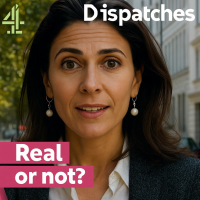Dirbtinio intelekto sukurta moteris – tariama „Channel 4 Dispatches“ laidos vedėja, žiūrinti tiesiai į kamerą su klausimu „Real or not“ („Tikra ar ne“), simbolizuojanti ribų tarp žmogaus ir AI išnykimą žiniasklaidoje