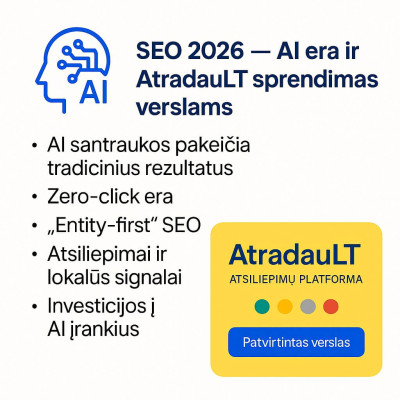 Infografikas apie SEO pokyčius 2026 m., akcentuojantis AI erą ir AtradauLT atsiliepimų platformą