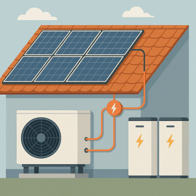 Saulės elektrinė su šilumos siurbliu ir elektros kaupikliais, vaizduojanti integruotą namų energijos sistemą