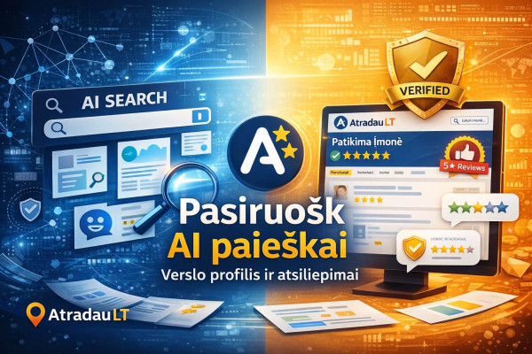 Iliustracija, vaizduojanti pasiruošimą AI paieškai: paieškos langas, dirbtinio intelekto analizė, „AtradauLT“ verslo profilis su Verified ženklu ir klientų atsiliepimais