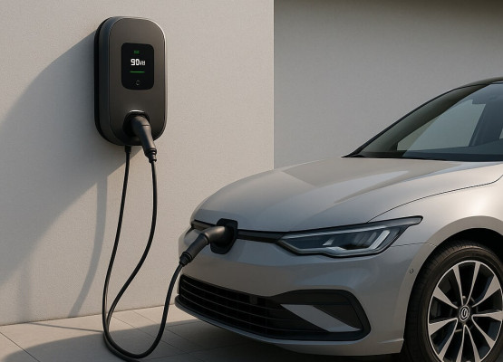 Moderni elektromobilio įkrovimo stotelė prie namo fasado su prijungtu elektriniu automobiliu