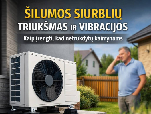 Šilumos siurblio lauko blokas ant antivibracinių atramų prie namo, kaimynas fone – triukšmo ir vibracijų poveikis kaimynystėje