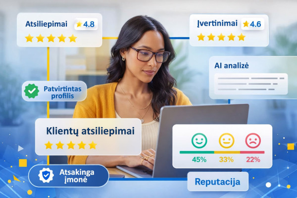 AtradauLT platformos vizualas, rodantis klientų atsiliepimus, įmonės reputaciją, AI analizę ir patikimumo ženklus.