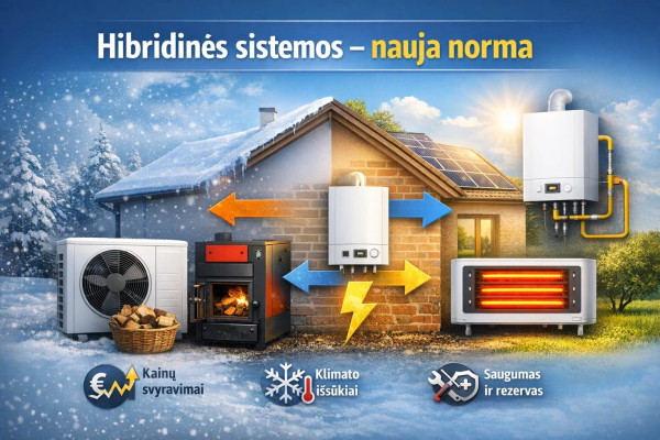 Hibridinė namo šildymo sistema su šilumos siurbliu, kieto kuro katilu, dujiniu katilu ir elektriniu rezerviniu šildymu