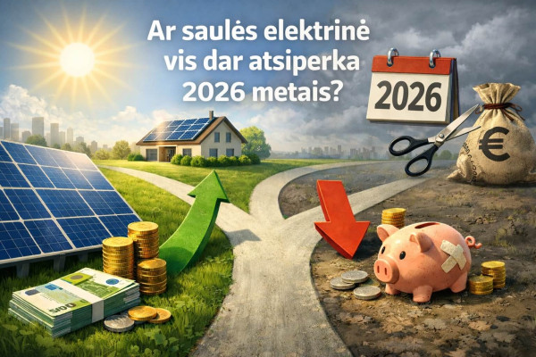 Vizualinė iliustracija, vaizduojanti saulės elektrinės atsiperkamumo klausimą 2026 metais, kai mažėja valstybės parama – lyginami finansinės naudos ir rizikos scenarijai